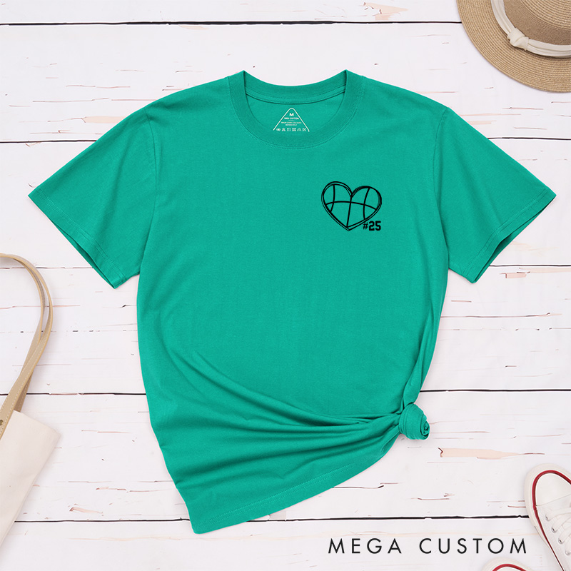 Personalized Basketball Heart T-Shirt with Custom Jersey Number Design