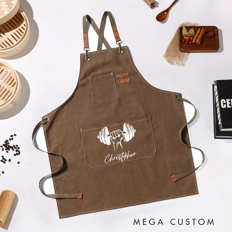 Personalized Gym Lover Canvas Apron with Pockets Housewarming Gift Kitchen Apron with Name Custom Chef Apron New Home Gift Housewarming Gift