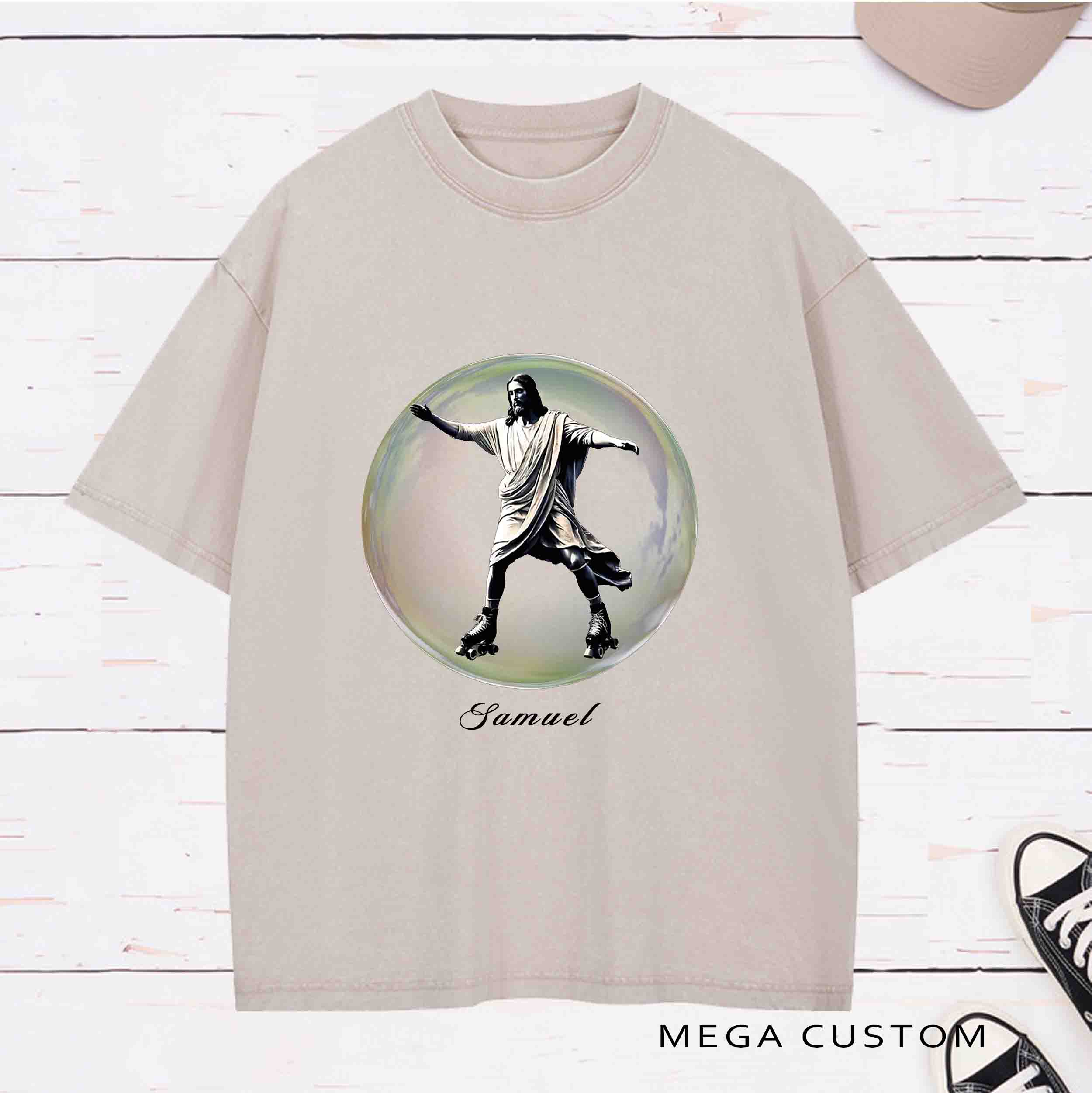 Personalized Character Jesus learning to rollerskate Washed T-Shirt with Name Birthday Easter Gift for Christian