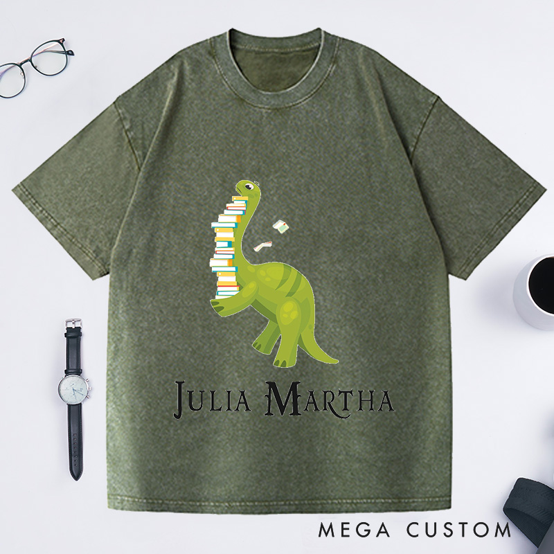 Personalized Dinosaur Reading Washed T-Shirts Book Lover Shirt Read T-Shirts Librarian Shirt Reader Reading Gift