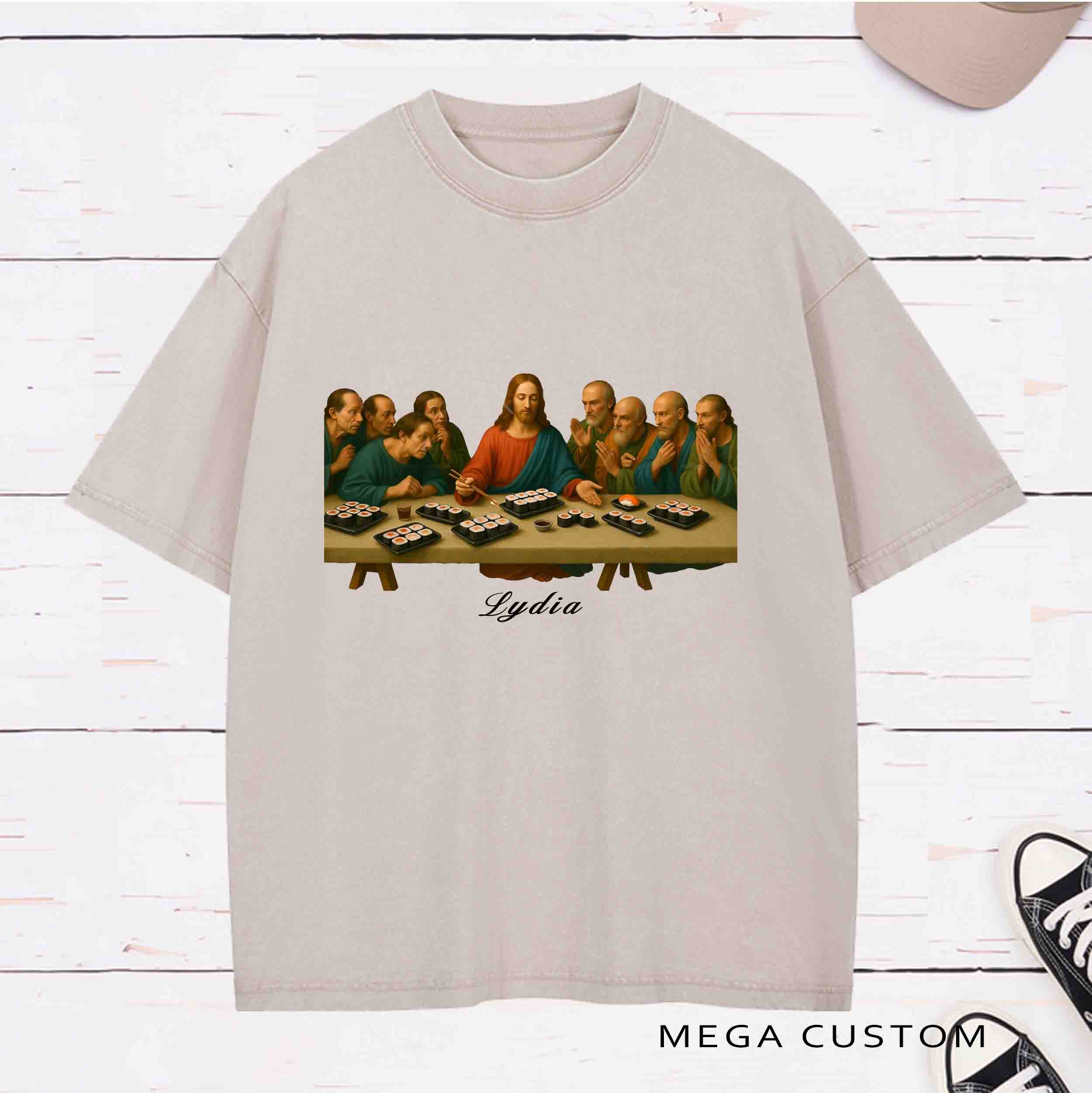 Personalized Character The Last Sushi Supper Washed T-Shirt with Name Birthday Easter Gift for Christian