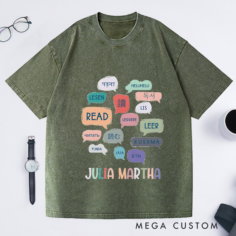 Personalized Reading World Languages Washed T-Shirts Library Professional Tee Book Lover Gift Reading Fans Shirt