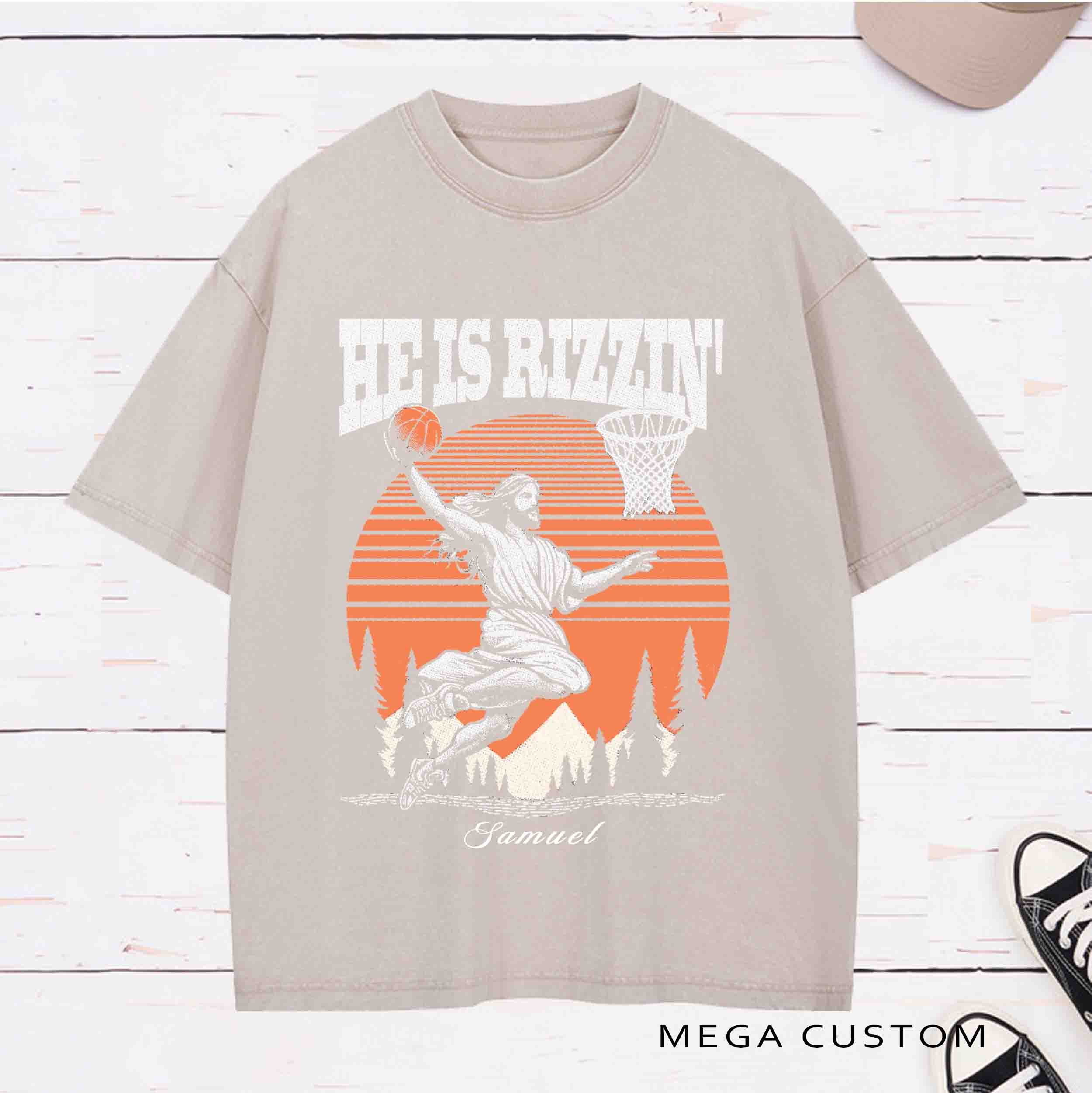 Personalized Character He Is Rizzen Jesus basketball Washed T-Shirt  with Name Birthday Easter Gift for Christian 