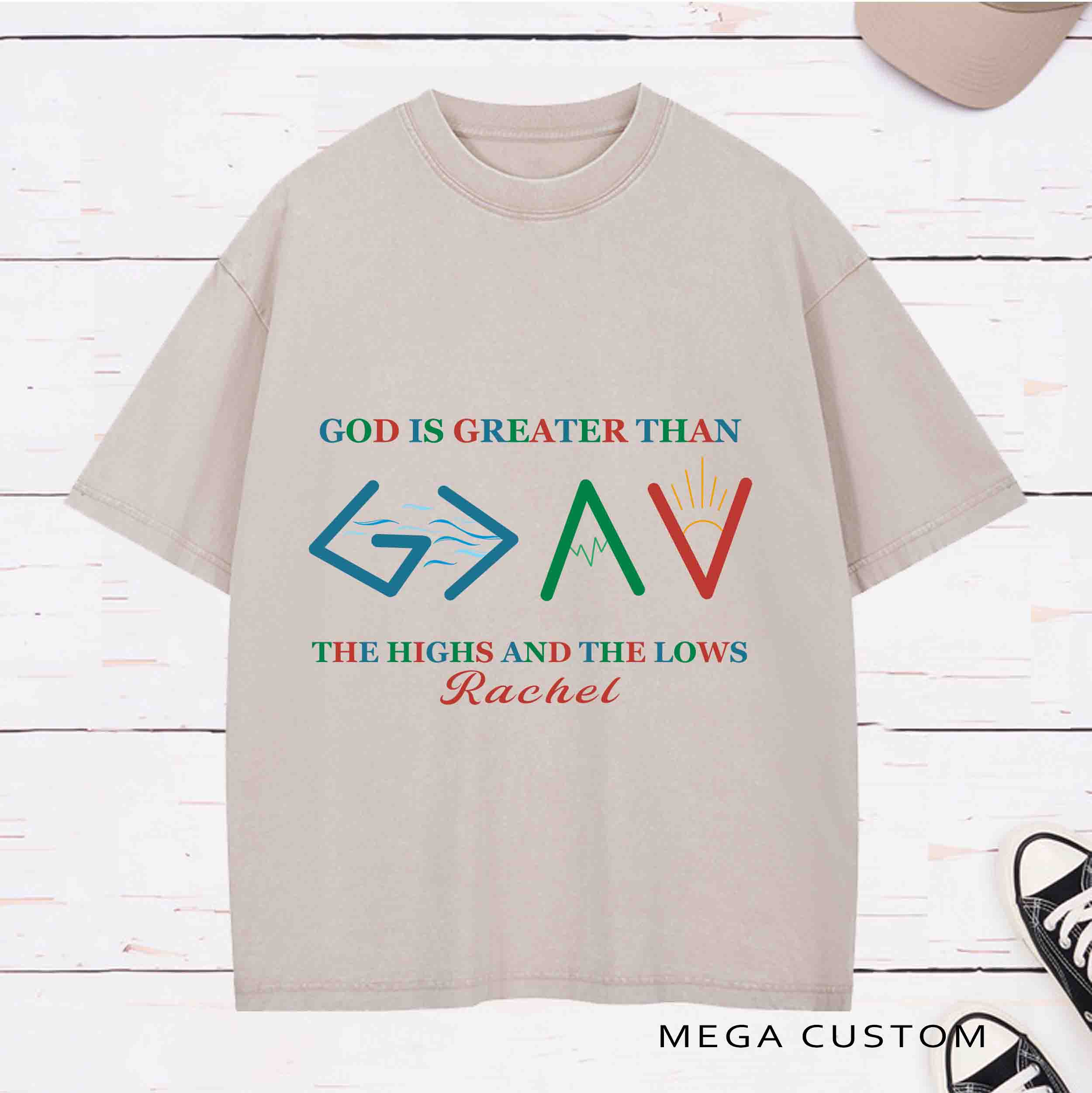 Personalized Character Bible Verse God Is Greater Than the Highs and The Lows Washed T-Shirt with Name Birthday Easter Gift for Christian
