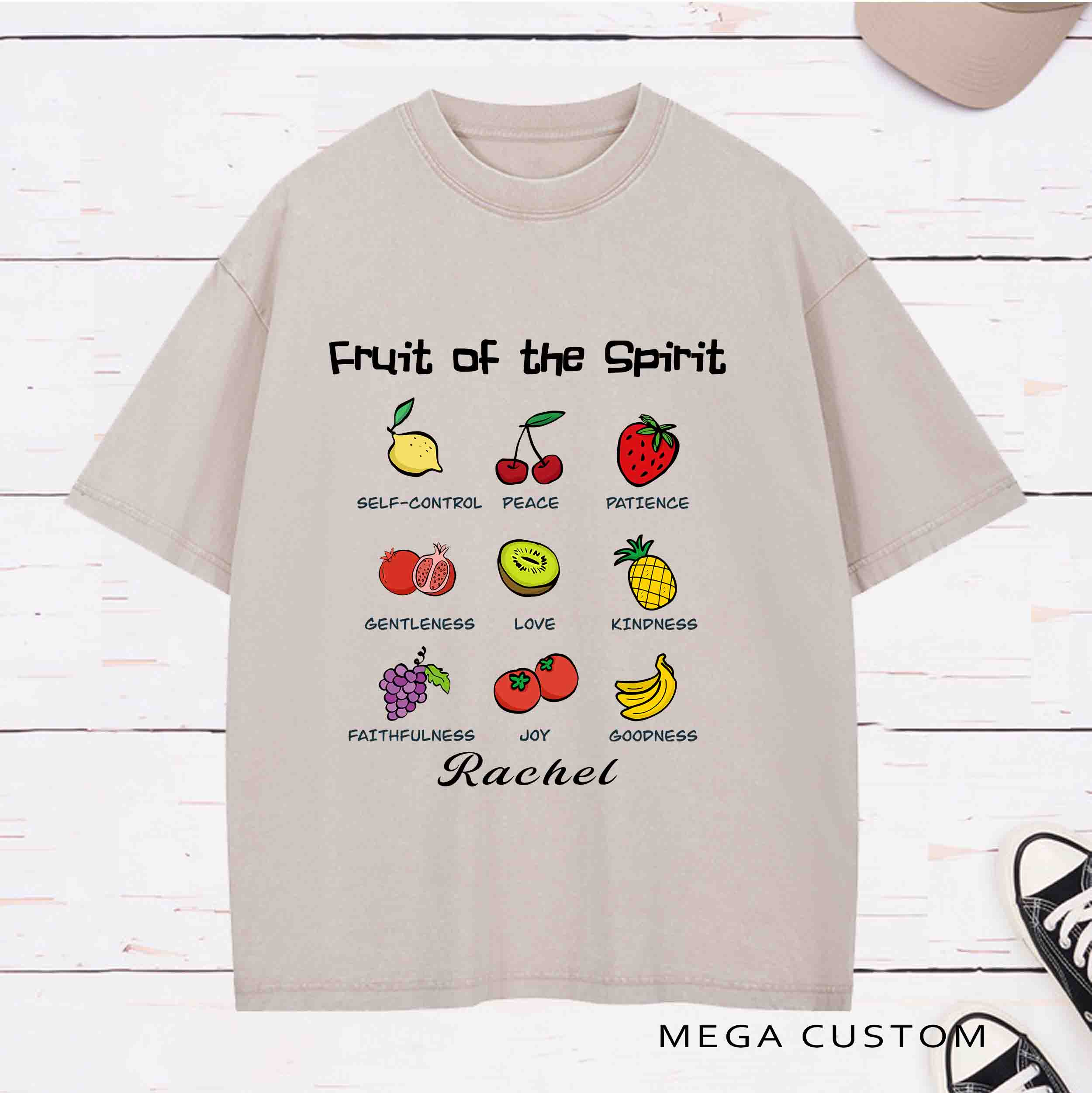Personalized Character Fruit of the Spirit Washed T-Shirt with Name Birthday Easter Gift for Christian