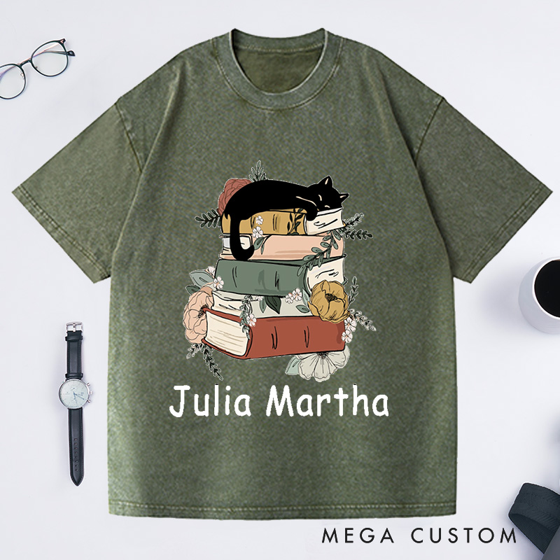 Personalized Books and Cats Washed T-Shirts Reading Shirt Cat Lover T-Shirt