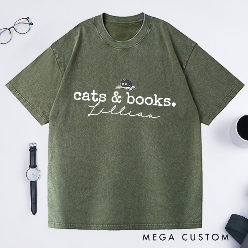 Personalized Cats and Books Washed T-Shirts Book Lover T-shirt Bookish Tee Reading T-Shirt Gift for Cat Lover