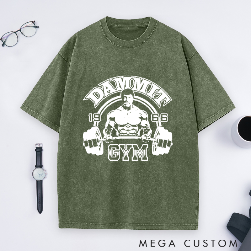 Personalized Gym Washed T-Shirts with Intense Bodybuilder Lifting Dumbbells Design for Fitness Enthusiasts Bodybuilders and Gym Lovers