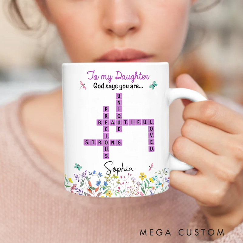 Personalized God Says You Are Crossword Art Ceramic Mug with Name Birthday Gift for Christian Positive Affirmation Religious Gift for Christian