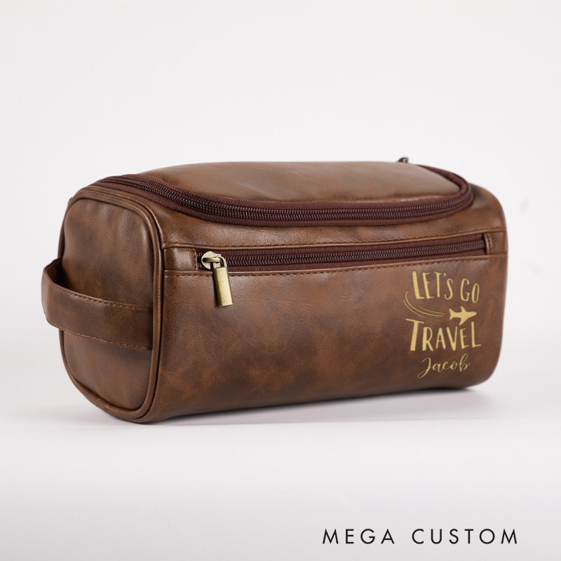 Personalized Let's Go Travel Toiletry Bag Leather Toiletry Bag for Traveling Lovers Cool Travel Gift for Him