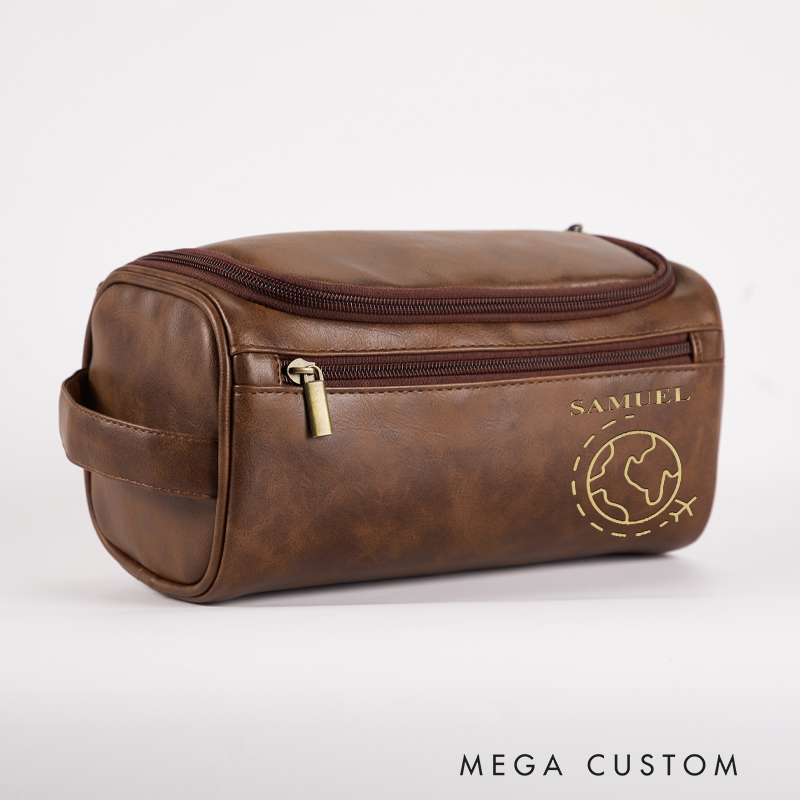 Personalized Travel Toiletry Bag Leather Toiletry Bag for Traveling Lovers Cool Travel Gift for Him Globe design Bag