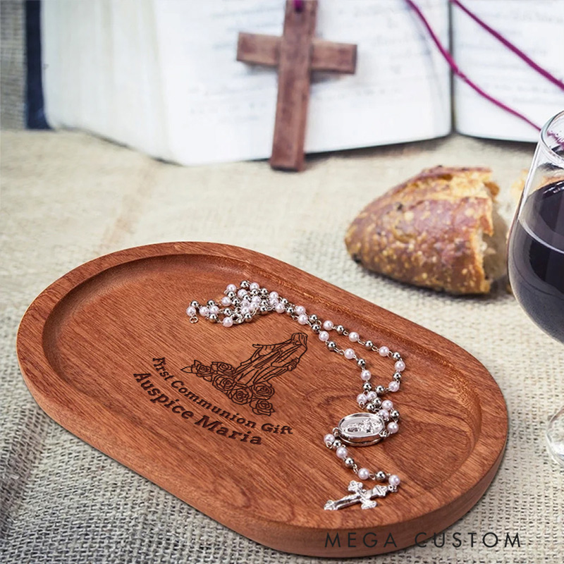 Personalized Mary with Roses Wooden Rosary Tray with Engraved Text Sacrament First Communion Gift Baptism Gift for Christian