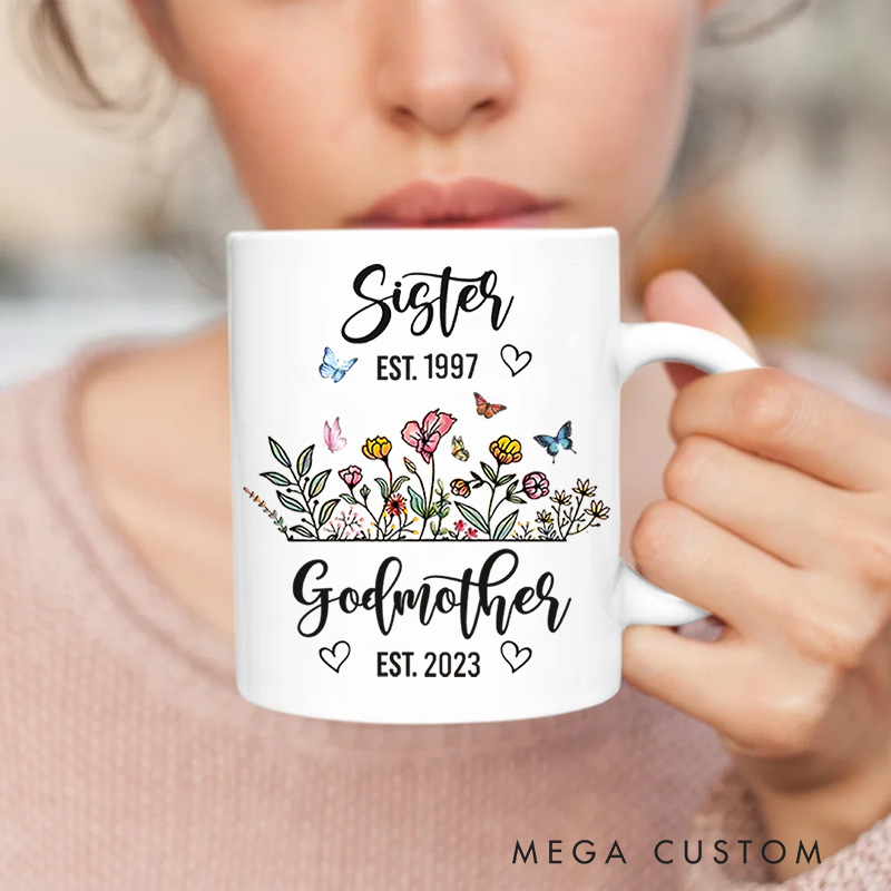 Personalized From Sister To Godmother Ceramic Mug with Years Religious Gift Birthday Gift for Women and Girls 