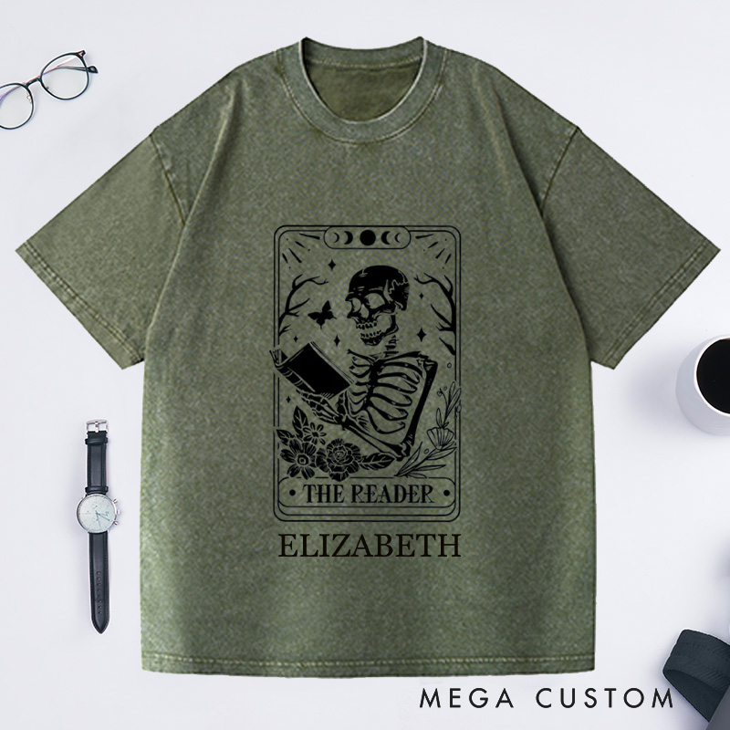 Personalized The Reader Tarot Card Front And Back Printing Washed T-Shirts Skeleton Reading T-shirt Book Lover Gift Book Lover Tee Tarot Card Shirt