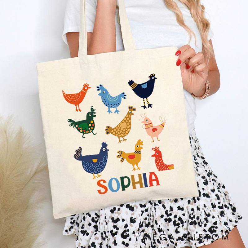 Personalised Colorful Chickens Tote Bag with Name Cute Animal Tote Gift for Kids