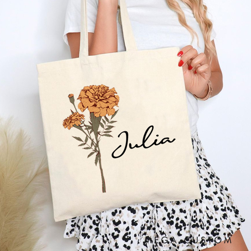 Personalized Cute Floral Tote with Name Shoulder Tote Floral Tote Bag Gift For Her Birth Flower Gift
