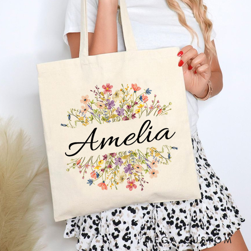 Personalized Floral Tote Bag with Name Floral Shoulder Bag Gift for Her