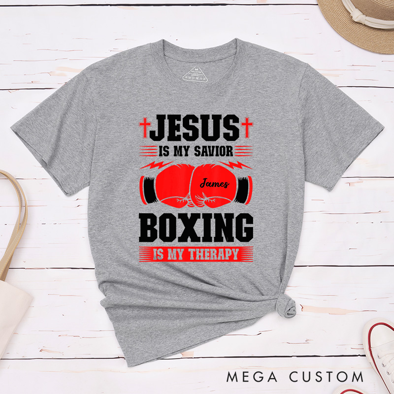 Personalized Jesus Is My Savior Boxing Is My Therapy Classic T-Shirt with Custom Name Inspirational Shirt Religious Birthday Gift for Christians