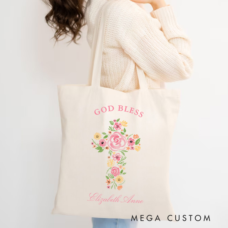 Personalized Pink Watercolor Flower Cross God Bless Canvas Tote Bag with Custom Name Spiritual Gift Christian Tote Bag Birthday Gift for Female