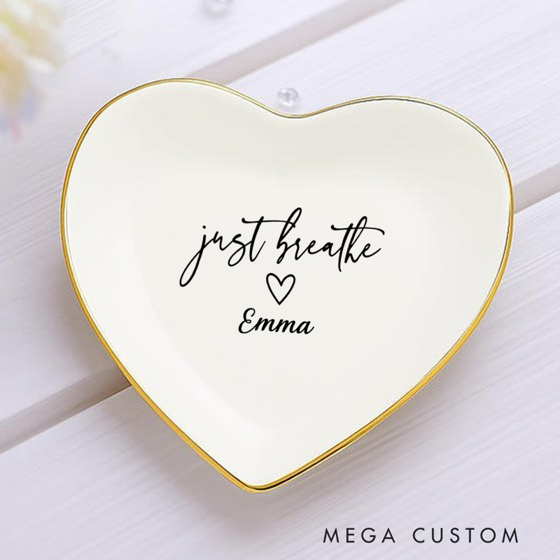 Personalized Just Breath Ring Dishes Yoga Girl Jewelry Dish Anniversary Gift for Yoga Lover