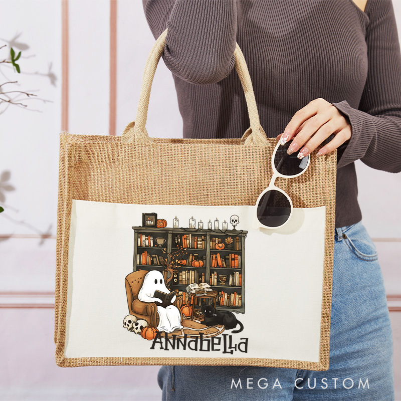 Personalized Retro Ghost Reading Books Tote Bag Book Lover Bag with Name Halloween Burlap Bag Halloween Gifts Librarian Gift Book Lover Gift