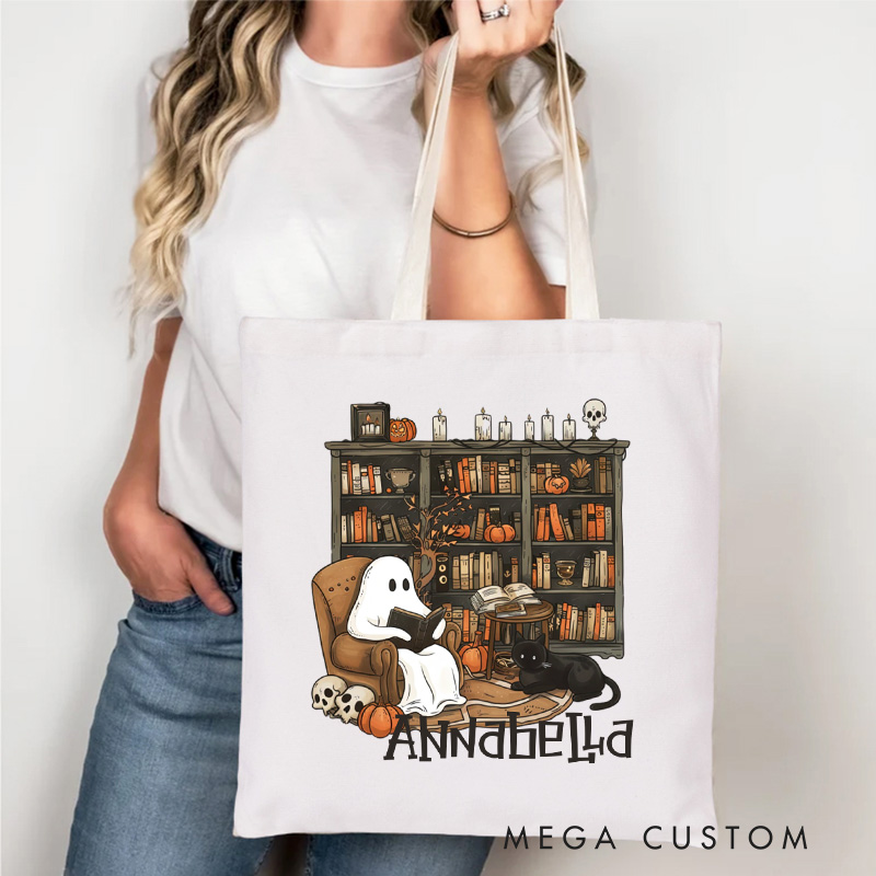 Personalized Retro Ghost Reading Books Tote Bag Book Lover Bag with Name Halloween Canvas Bag Halloween Gifts Librarian Gift Book Lover Gift