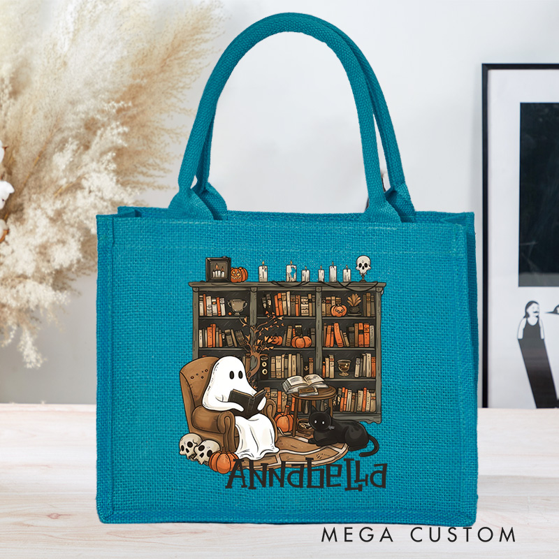 Personalized Retro Ghost Reading Books Tote Bag Book Lover Bag with Name Halloween Burlap Bag Halloween Gifts Librarian Gift Book Lover Gift