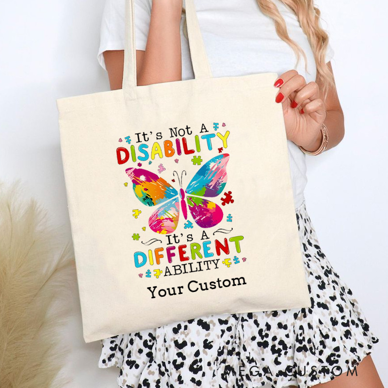 Personalized Butterfly and Autism Awareness Message Illustration Highlighting Different Abilities for Advocacy Tote Bag