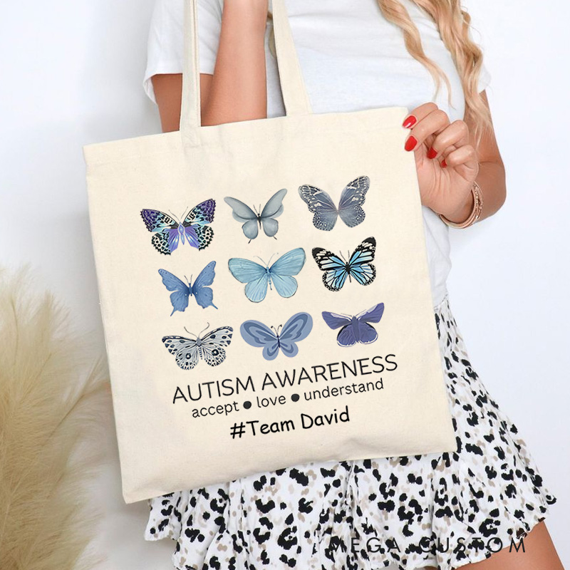 Personalized Butterfly Illustration Representing Autism Awareness with Acceptance and Love Message for Advocacy Tote Bag