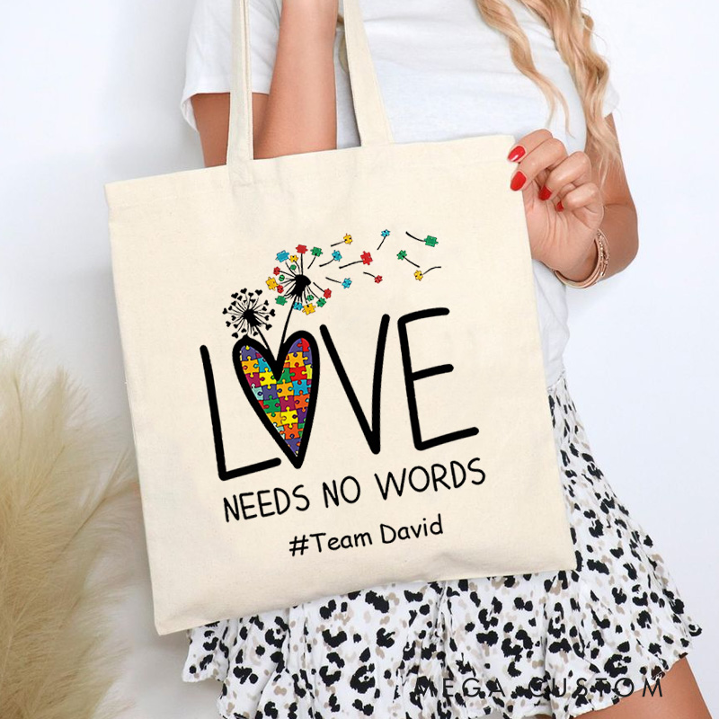 Personalized Love Needs No Words Illustration Featuring Autism Awareness Message for Advocacy Tote Bag