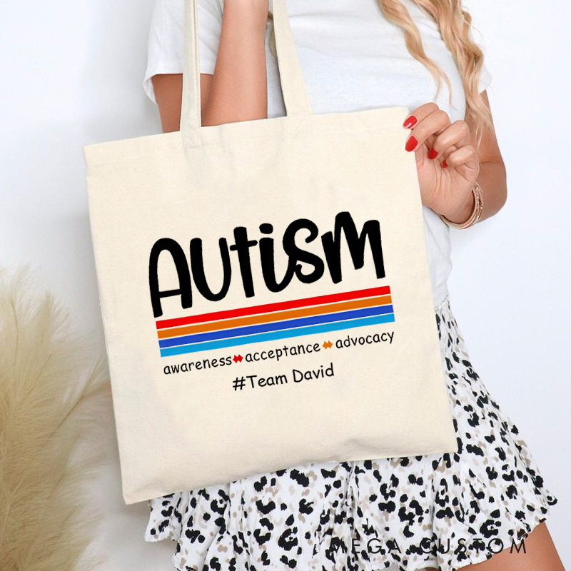 Personalized Autism Awareness Text Illustration Featuring Advocacy Acceptance and Love Message for Advocacy Tote Bag