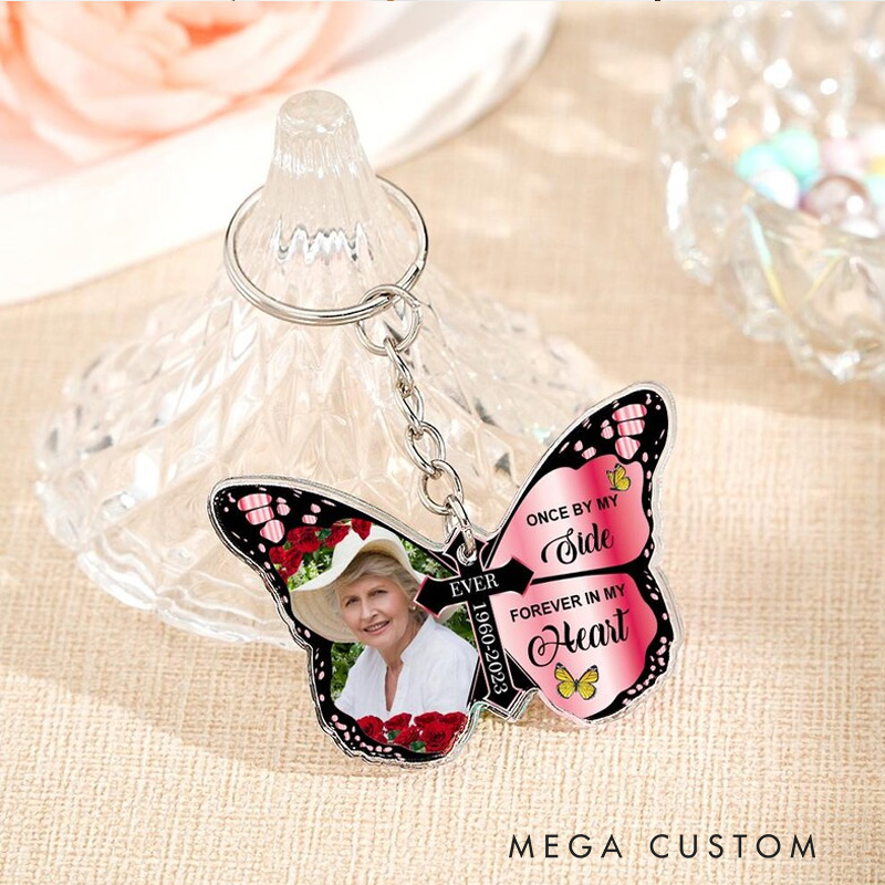 Personalized Photo Memorial Keychain Butterfly Keychain Once By My Side Forever in My Heart Cross Keychain Memorial Gift for Loss of Loved One 