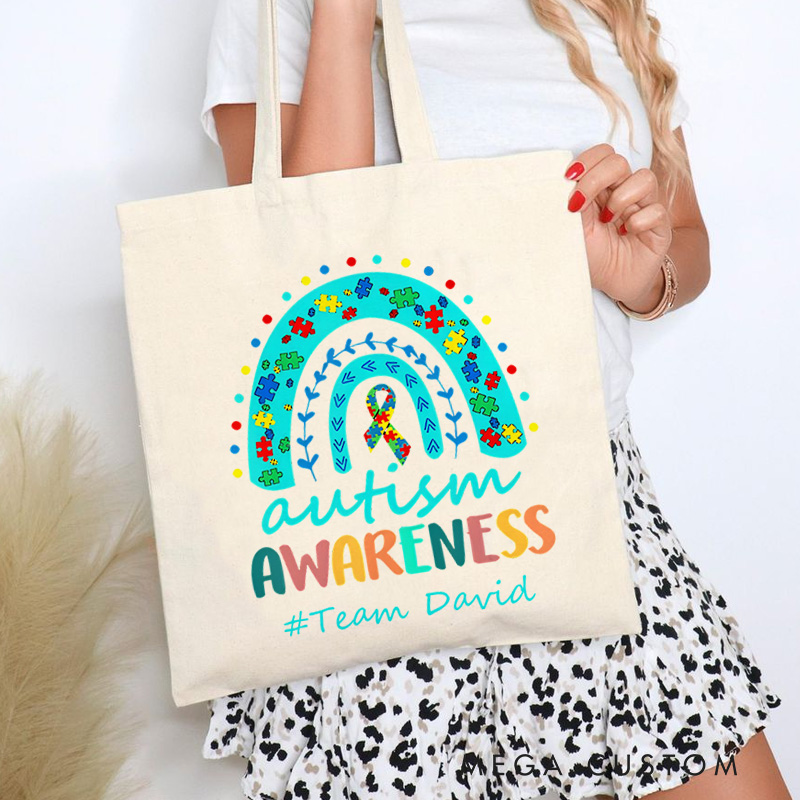 Personalized Autism Awareness Rainbow Illustration Featuring Puzzle and Heart Accents for Advocacy Tote Bag