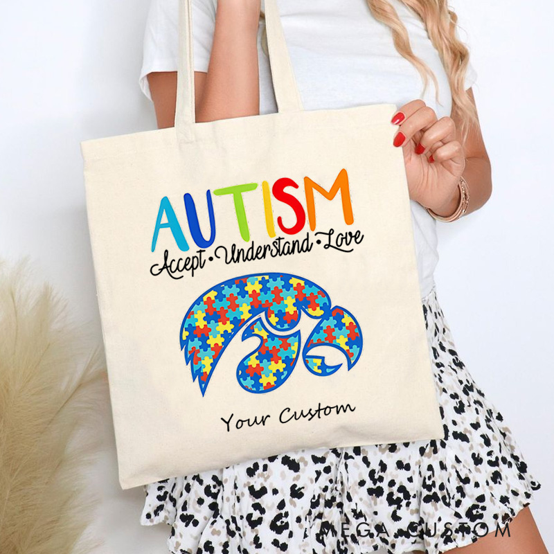 Personalized Autism Awareness Illustration with Puzzle Piece and Acceptance Message for Advocacy Tote Bag