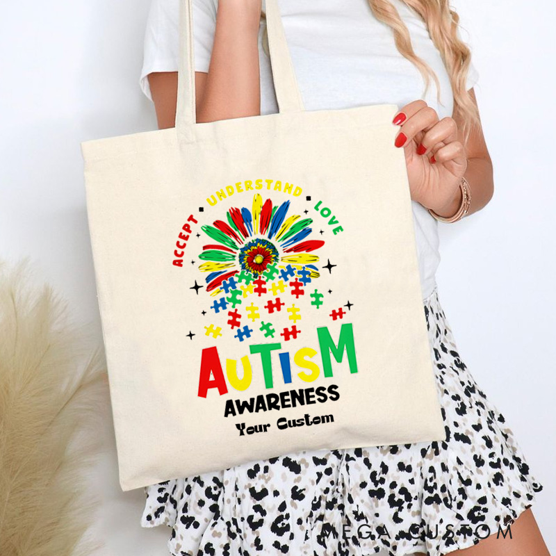Personalized Autism Awareness Illustration with Colorful Flower and Acceptance Message for Advocacy Tote Bag