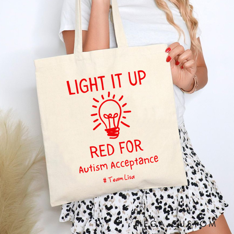 Personalized Light It Up Red for Autism Acceptance Illustration Featuring Bulb Icon for Advocacy Tote Bag