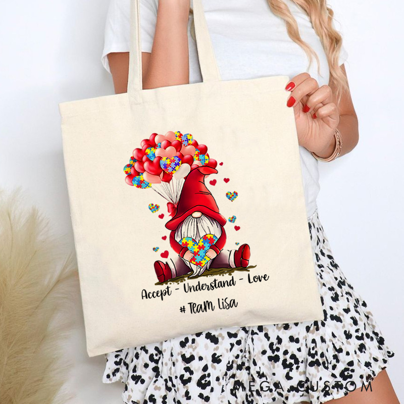 Personalized Gnome Illustration Featuring Autism Awareness Message and Heart Accents for Advocacy Tote Bag