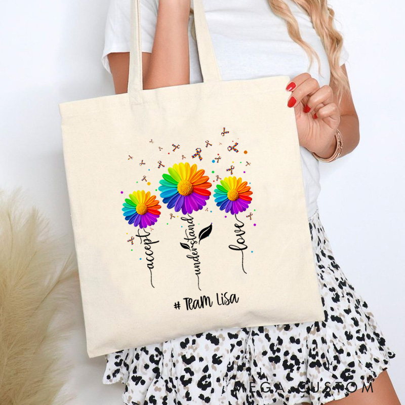 Personalized Colorful Flower Illustration with Autism Awareness Message and Acceptance Theme for Advocacy Tote Bag