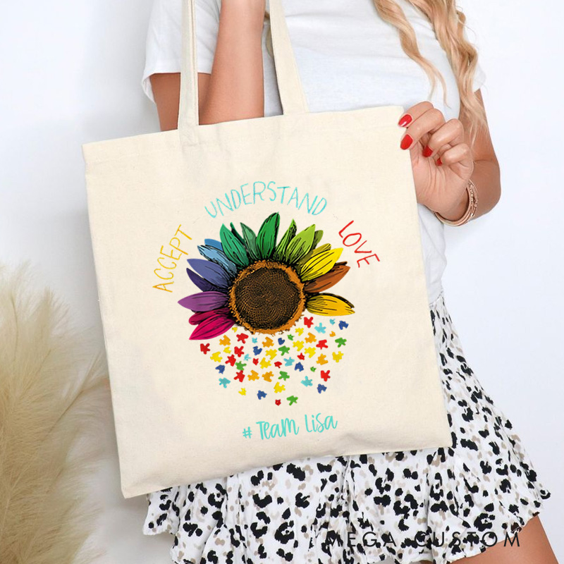 Personalized Sunflower Illustration Featuring Autism Awareness Message and Puzzle Accents for Advocacy Tote Bag