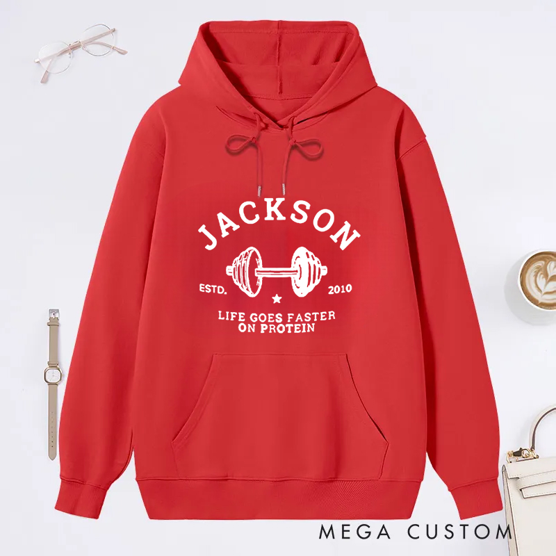 Personalized Fiitness Classic Hoodies with Dumbbell and Protein Quote for Fitness Enthusiasts Bodybuilders and Gym Lovers