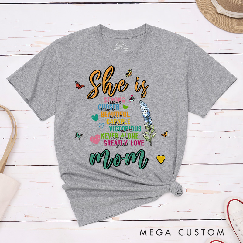 Personalized Bible Verse She Is Strong Butterfly Birth Flower Classic T-Shirt with Nickname Mother's Day Birthday Gift for Women