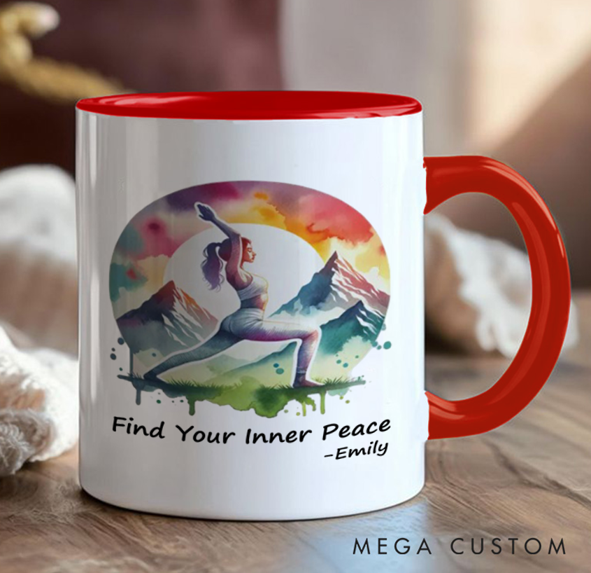 Personalized Yoga Mug with Nature Scene Artistic Design Custom Name Perfect Gift for Yoga Lover
