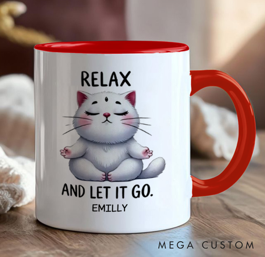 Personalized Cat Mug with Relaxing Meditation Design Custom Name Perfect Gift for Yoga Lover and Cat Lover