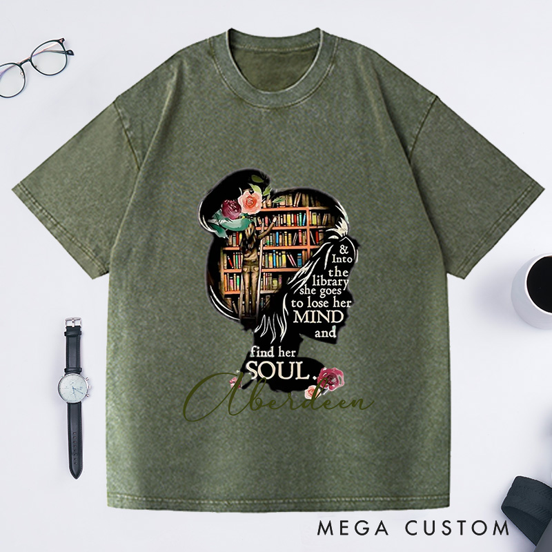 Personalized and Into the Library She Goes to Lose Her Mind and Find Her Soul NO Books Washed T-Shirt Read Banned Books Librarian Gift Shirt