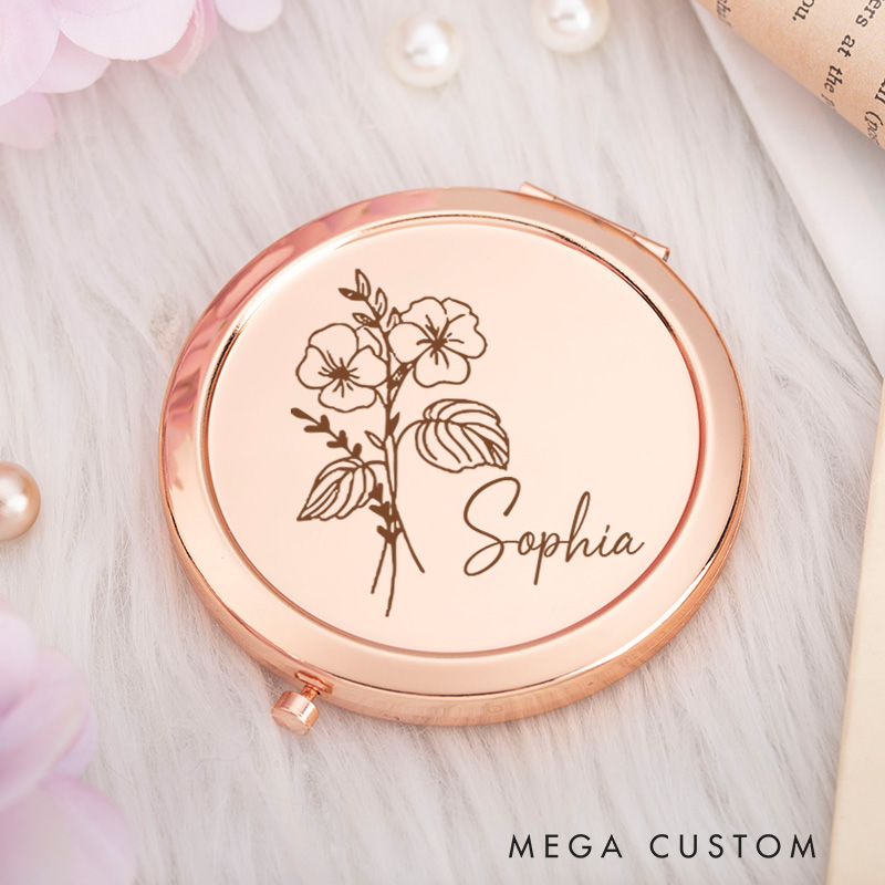 Personalized Engraved Birth Flower Pocket Makeup Mirror Gifts for Her Birthday Gift