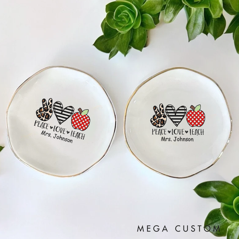 Personalized Jewelry Dish for Teacher Peace Love Teach Irregular Round Ceramic Ring Dish Teacher Appreciation Gift