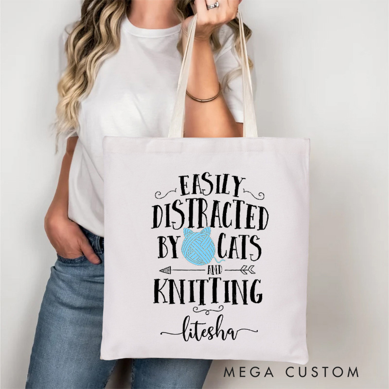 Personalized Easy Distracted By Cats And Knitting Tote Bag Gift for Cat Lovers and Knitting Enthusiasts