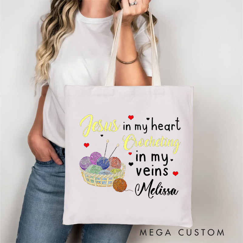 Personalized Jesus In My Heart Crocheting In My Veins Tote Bag Gift for Knitting Lovers