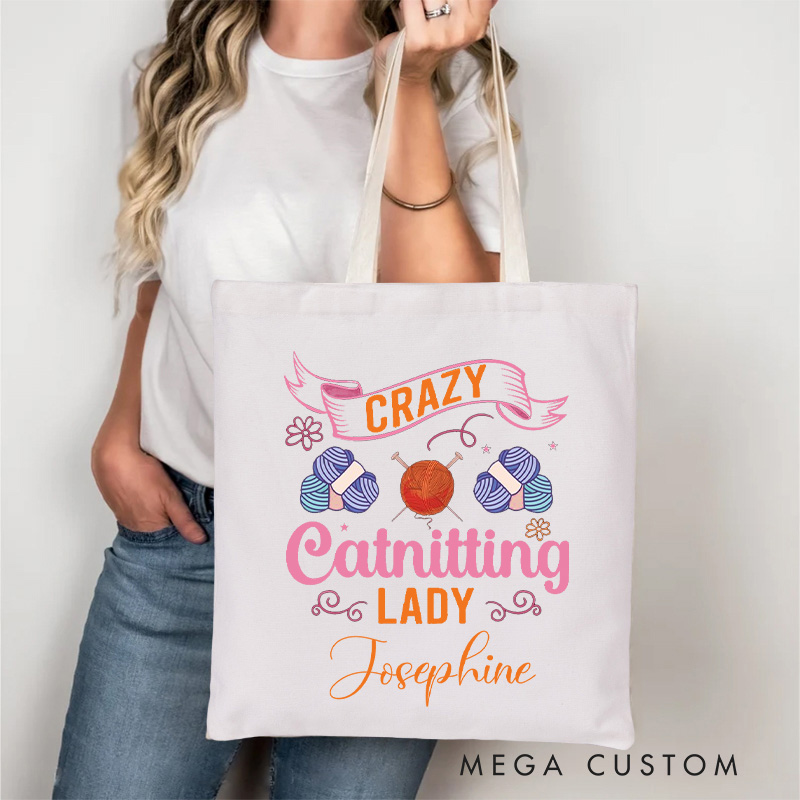 Personalized Crazy Catnitting Lady Tote Bag Crochet Yarn Lovers Gift for Knitting Enthusiasts