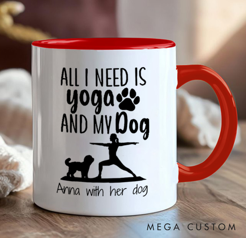 Personalized Yoga Mug with Yoga Pose Silhouettes and Cute Dog Patterns Custom Name Perfect Gift for Yoga Lover and Pet Lover